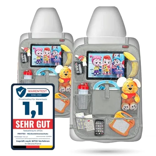 PROTEX© Rückenlehnenschutz Organizer [Testsieger 2025] 100 Tage risikofrei testen - Auto Rücksitz Organizer mit 12 Zoll Tablet Fach [grau]