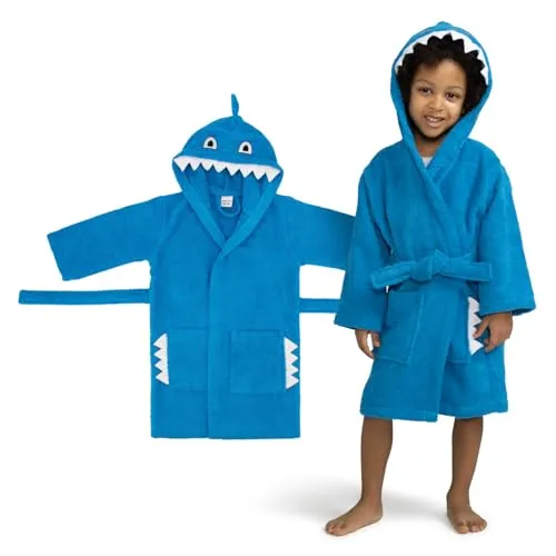 Celodoro Kinder Bademantel mit Kapuze - Shark 86-92 - Kuscheliger Frottee-Kinderbademantel aus 100% Baumwolle, mit süßem Hai-Motiv und Kapuze. Hautfreundlich und saugfähig, ideal für schnelles Trocknen. Praktische Taschen und fester Gürtel machen ihn perfekt für kleine Abenteurer.