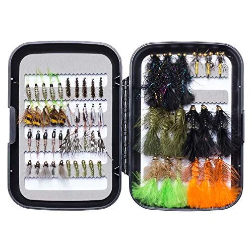 Bassdash Fliegenfischen Fliegen Set Forellenbarschangeln mit Fliegenbox, 36/64/72/76/80 / 96Stk. Mit Trockenfliegen/Nassfliegen, Nymphen, Streamers, Popper