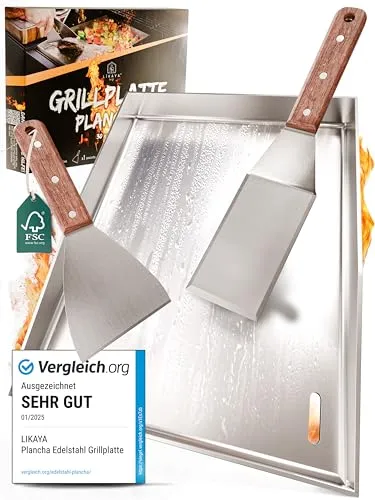 LIKAYA Plancha Grillplatte 30x40cm – Verzugsfreier Edelstahl für perfekte Grillabende - Grillplatten für Burger, Gemüse und mehr – die LIKAYA Plancha bietet höchste Qualität mit verzugsfreiem Edelstahl und FSC-Akazienholzgriffen für sofortigen Grillspaß ohne Einbrennen!