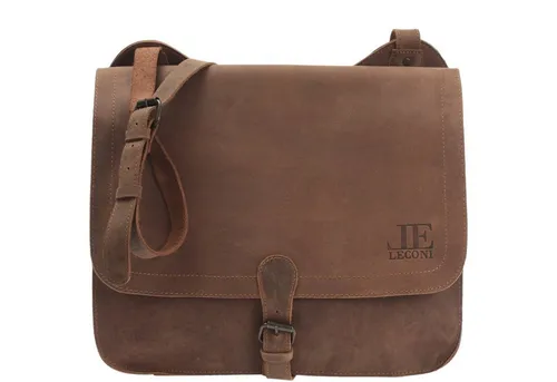 LECONI große Collegetasche Messenger Bag DIN A4 – Unisex Ledertasche aus Büffel-Leder im Used-Look - Hochwertige Collegetasche aus gewachstem Büffelleder mit verstellbarem Trageriemen. Ideal für DIN A4 Ordner, kompakt und stilvoll, perfekt für Schule und Beruf.