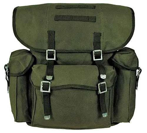 MFH Alte deutsche Armee Rucksack Oliv - Wanderrucksack mit 30L Kapazität, robustem 100% Baumwollgewebe und praktischen Außentaschen für optimale Organisation.