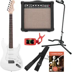Rocktile Sphere Classic White E-Gitarre Set - E-Gitarren-Set mit ST-Design, 3 Single Coil Tonabnehmer, 15W Verstärker mit Reverb, inkl. Ständer, Stimmgerät und Gurt – ideal für Einsteiger und Fortgeschrittene!