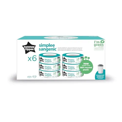 Tommee Tippee Nachfüllkassetten für Simplee Sangenic Windeleimer, 6er-Pack - Baby Windelbeutel mit antibakteriellem Schutz, der 99% der Keime tötet und unangenehme Gerüche einschließt. Jede Kassette fasst bis zu 180 Windeln und besteht aus 98% recyceltem Kunststoff.