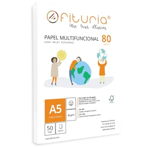 OFITURIA Packung mit 80 g A5-Blättern, 50 Blatt, weißes Multifunktionspapier für Schule und Laborals, ideal für Laserdrucker, Tintenstrahldrucker oder Kopierer