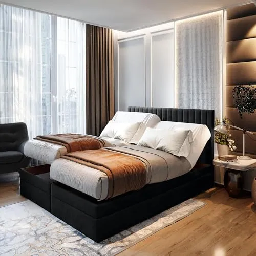 TRADA Adele Boxspringbett 140x200 - Elektrisch verstellbares Boxspringbett mit 9-Zonen-Taschenfederkern für optimale Unterstützung und zwei praktischen Bettkästen – ideal für modernen Schlafkomfort und Stauraum.