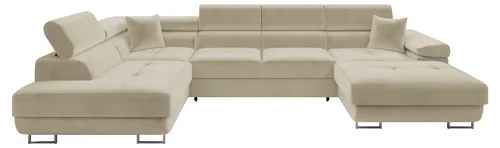 MIRJAN24 Wohnlandschaft Torezio Bis – U-Form mit Bettkasten und Schlaffunktion - Elegante Wohnlandschaft in Manila 02, bietet optimalen Komfort mit verstellbaren Kopfstützen und großzügigem Bettkasten – perfekt für entspannte Abende und Gästeübernachtungen.