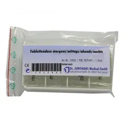 TABLETTENDOSE mit 4 Fächern für morgens, mittags, abends und nachts - Praktische TABLETTENDOSE mit 4 Fächern zur einfachen Organisation Ihrer Medikamente. Ideal für die tägliche Einnahme und für unterwegs geeignet. Kompakt und benutzerfreundlich in der Anwendung! 1 Stk. erhältlich in der Kategorie Pillendosen.