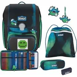 SCOUT Movie Star Genius Set 5-teilig Blue Pixel - Schulranzen mit individualisierbarem Pixel-Pad, das über die Divoom-App eigene Designs ermöglicht. Für Sicherheit auf dem Schulweg sorgt die leuchtende Deko. Maße: 29 x 43 x 18 cm.