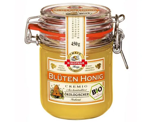 Bihophar Blütenhonig Cremig 450g - Cremiger Blütenhonig aus 100% natürlichen Zutaten, ideal als Brotaufstrich oder süße Ergänzung für Tee und Desserts.