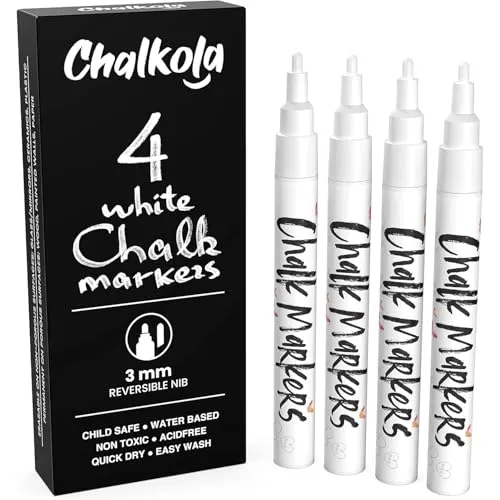 Chalkola Kreidestifte für Tafel Abwaschbar Weiß - 4 Kreidemarker Weiss 3mm Umkehrbare Spitze - Kreidestift Weiß für Fenster, Tafel, als Glasstift - Chalk Markers für Erwachsene und Kinder