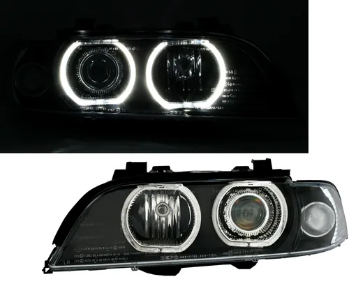 Angel Eyes Scheinwerfer Set für 5er BMW E39 1995-2000 - Frontscheinwerfer mit LED-Ringen in Schwarz, für verbesserte Sicht und modernes Design, eintragungsfrei mit E-Prüfzeichen.