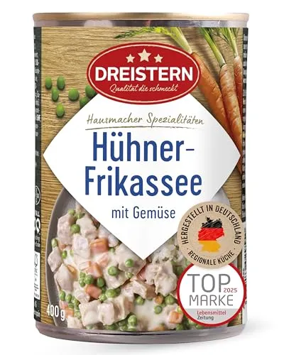 DREISTERN Hühnerfrikassee 400g – Herzhaftes Fertiggericht mit frischem Gemüse - Genießen Sie unser Hühnerfrikassee aus frischen Zutaten wie zartem Hühnerfleisch, Erbsen und Karotten. Schnell zubereitet in nur wenigen Minuten – ideal für eine schmackhafte Mahlzeit ohne Aufwand!
