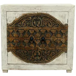 Orientalische Vintage Kommode Weiss Aswa - 90cm - Kommode aus massivem Mangoholz mit handgeschnitzten Ornamenten, ideal für Wohnzimmer, Flur oder Schlafzimmer. Bietet viel Stauraum und verleiht jedem Raum rustikalen Charme.