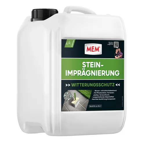 MEM Stein-Imprägnierung 10 l - Lösemittelfrei und Wasserabweisend - Fassadenschutz mit hohem Schutz vor Grünbelägen und Algen. Lösemittelfreie Imprägnierung für langlebigen, transparenten Schutz, bereits nach 12 Stunden begehbar.