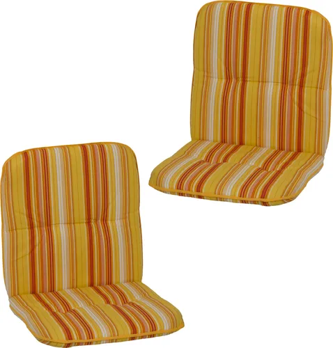 NYVI Niedriglehner Auflagen Hawaii 2er Set - Orange Gelb Weiß Gestreift - Gartenmöbelauflagen mit 5 cm Polster für hohen Sitzkomfort und UV-beständigem Bezug. Ideal für Gartenstühle und Relaxliegen, perfekt für entspannte Stunden im Freien.