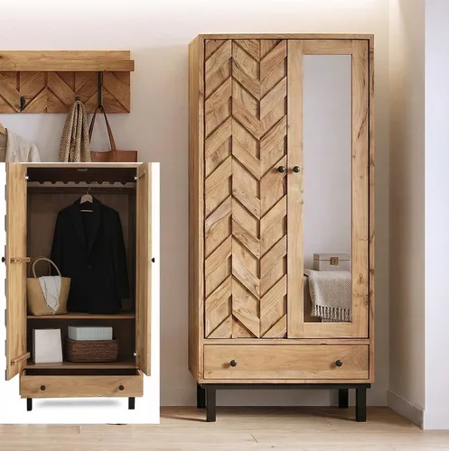 Main Möbel Garderobenschrank Ontario 88x192cm aus Akazie - Stilvoller Garderobenschrank mit 2 Türen und Spiegeltür. Robustes Massivholz, ideal für die Aufbewahrung. Maße: 88x192cm, mit Chevron-Muster für einen modernen Akzent.