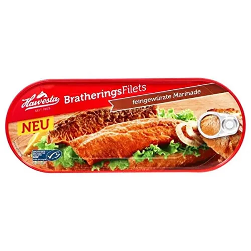 Hawesta MSC Bratheringsfilets, 200 g - Fleischkonserven: Goldbraun gebratene Heringsfilets in feingewürzter Marinade, verfeinert mit Zwiebeln und Tomatenmark, ohne Geschmacksverstärker und Konservierungsstoffe.