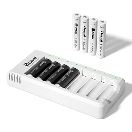 BONAI Akku Ladegerät AA AAA NI-MH NI-Cd Akkuladegerät Battery Charger LED Anzeige USB Schnell Ladung Batterieladegerät mit AA/AAA Akku 8 Stück