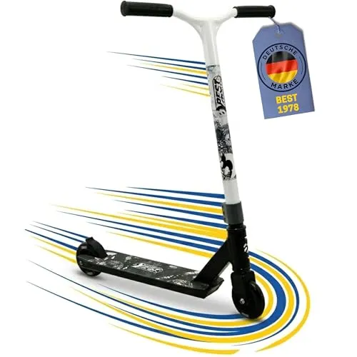 Best Sporting 30420 Stunt-Scooter schwarz-weiß - Robuster Stunt-Scooter aus leichtem Aluminium mit 360°-Lenkung und rutschfesten TPR Handgriffen. Ideal für coole Tricks und maximalen Fahrspaß bis 100 kg!