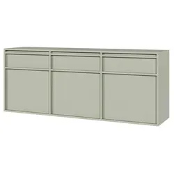 Selsey Evo Sideboard 3-türig hängend, Salbeigrün, 154 cm - Moderne Kommode mit 3 Schubladen und Push-to-Open-Türen, ideal für minimalistische Räume und zur optischen Vergrößerung. Pflegeleichte, kratzfeste Oberfläche aus laminierter Platte.