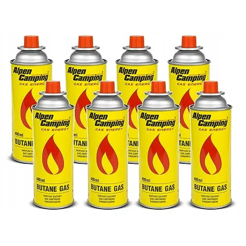 Alpen Camping Butan Gaskartusche 8x400ml für Gaskocher & Campingkocher - ▶ Set mit 8 Gaskartuschen à 400ml für optimale Nutzung in Gaskochern und Campinggeräten. ▶ Mit Sicherheitsventil für kontrollierte Anwendung. ▶ Benutzerfreundliche Montage für unkomplizierte Handhabung.