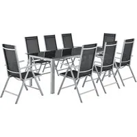 Juskys Aluminium Gartengarnitur Milano 8+1 - Esssets für die Terrasse: Modernes 9-teiliges Set für 8 Personen mit verstellbaren Hochlehner-Stühlen und elegantem Glas-Tisch, wetterfest und leicht zu reinigen.
