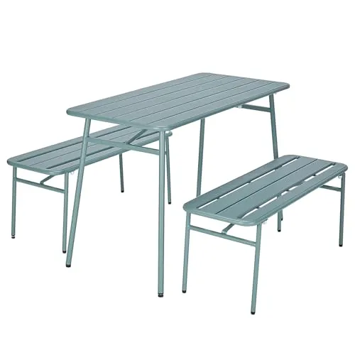BUTLERS Gartenset 3-teilig LINESIDE - Wetterfestes Stahlmöbel in Salbei - MODERNES GARTENSET: 3-teiliges Set aus robustem Stahl in sanftem Salbei-Ton. IDEAL FÜR DRAUSSEN: Perfekt für Balkon, Terrasse oder Garten – inkl. Tisch und zwei Bänken für gesellige Stunden. PLATZSPAREND & FLEXIBEL.