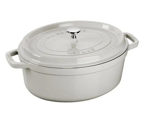 Staub Schmortopf Truffe Weiß 29 cm - Kasserolle aus hochwertigem Gusseisen mit ovalen Noppen, ideal für gleichmäßiges Garen und optimale Wärmespeicherung.