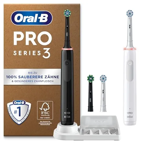 Oral-B Pro Series 3 Plus Edition Doppelpack - Elektrische Zahnbürste mit 360° Andruckkontrolle und 4 Aufsteckbürsten, entfernt bis zu 100% mehr Plaque für gesünderes Zahnfleisch.