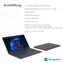 VALE V14E-4128D Notebook - 14" Full-HD IPS - Leistungsstarker Laptop mit Intel® Celeron® N4020, 4 GB RAM und 128 GB eMMC, ideal für den täglichen Gebrauch und unterwegs, mit bis zu 8 Stunden Akkulaufzeit.