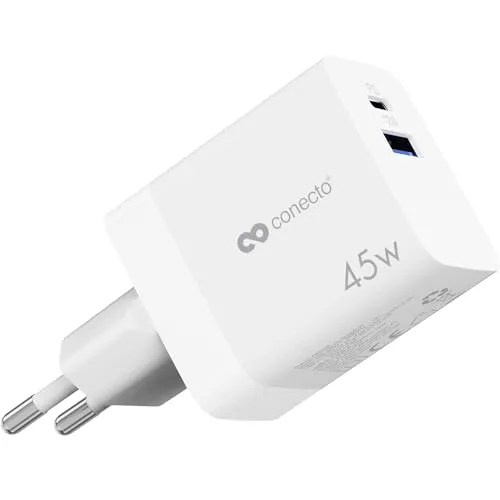conecto USB C Ladegerät, 2 Port Mehrfach Adapter, Netzteil 45 Watt Schnellladegerät kompatibel mit Apple iPhone 15, Samsung, Tablet, Laptop UVM, GaN QC PD Charger, Weiß