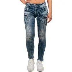 Cipo & Baxx Damen Slim-fit-Jeans im Biker Style mit Zippern - Blau 27 - Modische Slim-fit-Jeans im Used-Look mit praktischen Zippern. Pflegeleicht und ideal für jeden Anlass. 5-Pocket-Style mit schmalem Beinabschluss.