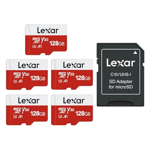 Lexar Micro SD Karte 128GB 5er Pack, Speicherkarte Micro SD mit Adapter, Bis zu 100 MB/s Lesegeschwindigkeit, UHS-I, U3, A1, V30, C10, 4K UHD microsdxc SD Karte für Kamera, Smartphone