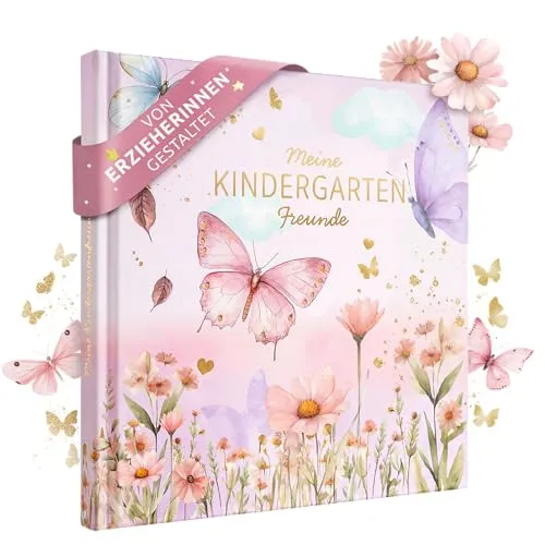 EULENTALER® Freundebuch Kindergarten Mädchen mit Goldprägung - FESTHALTEN VON ERINNERUNGEN – Dieses liebevoll gestaltete Freundebuch für den Kindergarten bietet Platz für 25 Freunde und besondere Erlebnisse. Mit handgemalten Schmetterlingen und robuster Goldprägung ist es ein hochwertiges Geschenk für kleine Entdecker.