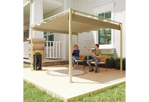 Outsunny 3x3m Pergola mit verstellbarem Dach - Robuster Gartenpavillon mit einziehbarem Dach und UV-Schutz 30+, ideal für Terrasse und Garten. Flexibel auf verschiedenen Untergründen installierbar und langlebig dank pulverbeschichteter Metallkonstruktion.