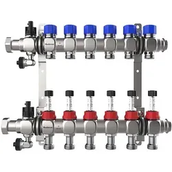 Buderus Logafloor Edelstahl Heizkreisverteiler für 5 Heizkreise - Fußbodenheizung mit Durchflussmengenmesser, ideal für präzise Wasserregulierung und einfache Installation dank integrierter Entlüftungs- und Füllvorrichtung.