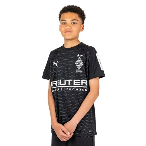 Puma BMG Third Jersey Replica Jr - Schwarz/Weiß für Kinder - Nachhaltiges Kindertrikot aus 95% Recyclingmaterial, ausgestattet mit dryCELL-Technologie für optimalen Feuchtigkeitstransport und ideal für junge Fans von Borussia Mönchengladbach.