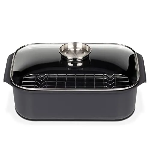GSW Rechteckbräter Gourmet mit Einsatz und Glasdeckel 40 x 26 x 11cm - Hochwertiger Rechteckbräter aus Aluminium-Guss, backofengeeignet bis 240°C, mit Aroma-Glasdeckel und Antihaft-Versiegelung für fettfreies Kochen und einfache Reinigung.