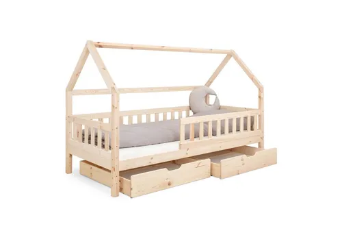 Ehrenkind Hausbett aus nachhaltigem Kiefernholz - Abenteuerbett aus stabilem Kiefernholz mit höhenverstellbarem Rausfallschutz, ideal für sichere Nächte. Erhältlich in Natur und Weiß, perfekt für kleine Abenteurer!