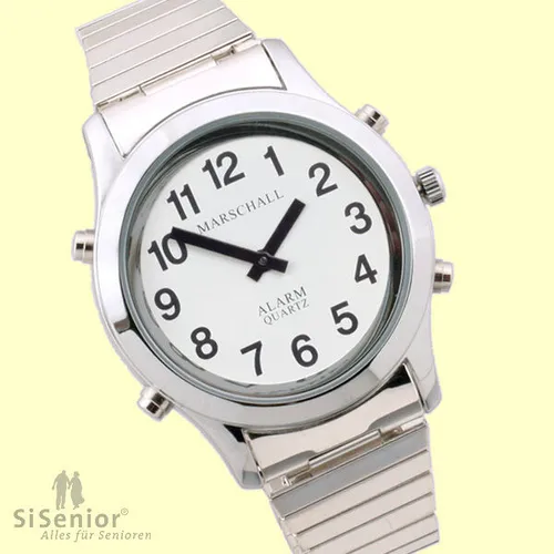 Marschall Deutsch sprechende Herren Armbanduhr I H-SM I Für Blinde, Senioren und Sehbehinderte I Komplette Datumsansage I Extra große Zeiger I Silberfarben mit Metallzugarmband