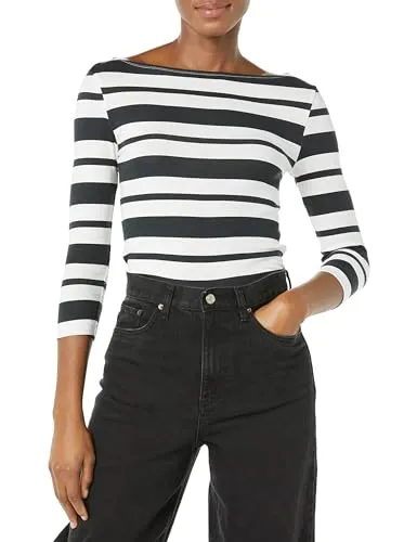 Amazon Essentials Damen Bateau-Ausschnitt T-Shirt mit 3/4-Ärmeln, Schmale Passform, Schwarz Weiß Platzierter Streifen, S