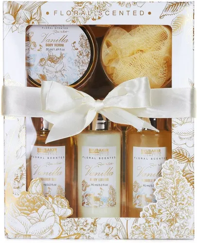 BRUBAKER Pflege-Geschenkset Dusch- und Badeset mit Vanille, Rosen & Minze Duft - 5-tlg. Gesichtspflege-Set in Sichtfensterbox, ideal für entspannende Wellnessmomente mit blumigen Düften und intensiver Hautpflege.