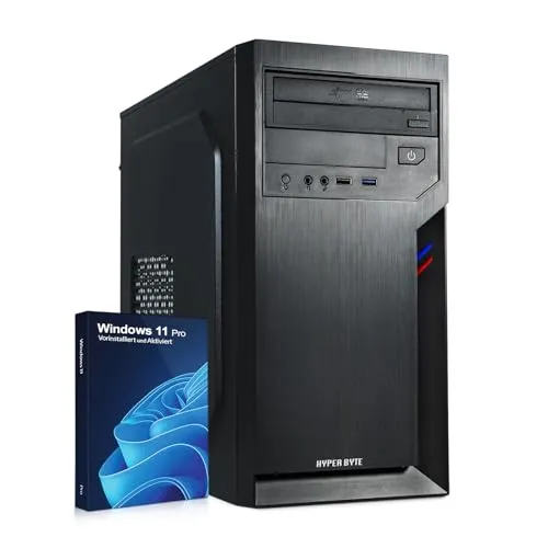 HYPER BYTE® Office Desktop PC - Intel 3,5GHz, 8GB RAM, 256GB SSD, WLAN, Windows 11 Pro - Effizienter Business Tower für Büro und Home-Office mit sofort einsatzbereitem Windows 11 Pro. Ausgestattet mit schneller SSD für zügige Ladezeiten und flüsterleiser Kühlung – ideal für konzentriertes Arbeiten.