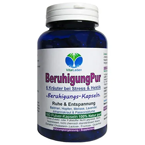 BERUHIGUNG Pur 180 Kapseln PFLANZLICHES BERUHIGUNGSMITTEL mit Baldrian Hopfen Melisse Lavendel Johanniskraut Passionsblume. Innere RUHE & ENTSPANNUNG. 26720-180