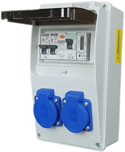RoadEu Stromverteiler 230V mit Zähler - Sonstige Elektroinstallationsartikel mit 2x 230V Schuko, Fi Schutzschalter 40A und blinkender LED-Anzeige für maximale Sicherheit und einfache Nutzung.