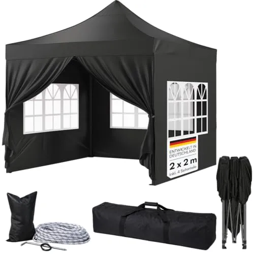 STEELSØN Rynara Faltpavillon 2x2 m schwarz - Der STEELSØN Rynara Faltpavillon 2x2 m bietet optimalen Wetterschutz mit 4 Seitenwänden. Ideal für Garten, Terrasse oder Events. Schnellaufbau und höhenverstellbar für flexible Nutzung.