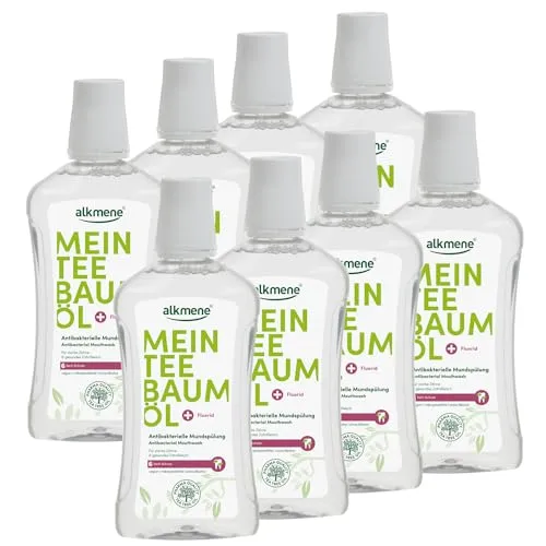 alkmene Mein Teebaumöl antibakterielle Mundspülung 8x 500 ml mit 6fach Schutz - naturreines Teebaumöl, vegan & klimaneutral - Mundwasser für starke Zähne & gesundes Zahnfleisch - Zahnspülung