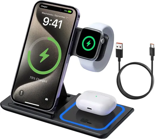 GreenHec 3in1 MagSafe Ladegerät für Apple Watch und iPhone - Induktive Ladestation für iPhone, Apple Watch und AirPods – Schnellladen mit 15W MagSafe Power, kompakt und perfekt für unterwegs. Keine Kabel, einfach auflegen und los!