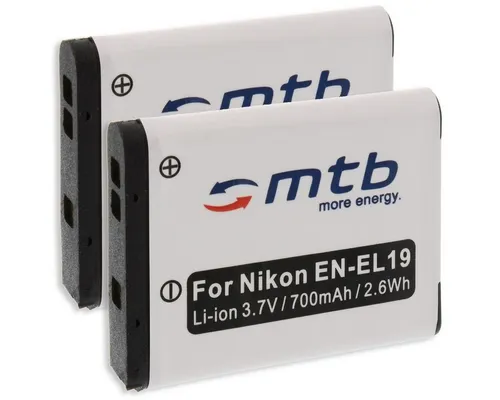 mtb more energy [2BAT-260 - Li-Ion] Kamera-Akku kompatibel mit Akku-Typ Nikon EN-EL19 700 mAh (3,7 V), passend für: Nikon Coolpix S2500, S2550, S2600, S2700, S2750, S2800, S2900, S3100, S3200, S3300, S3400, S3500, S3600, S3700, S4100, S4150, S4200, S4300, S4400, S5200, S5300, S6400, S6500, S6600, S6700, S6800, S6900, S7000…